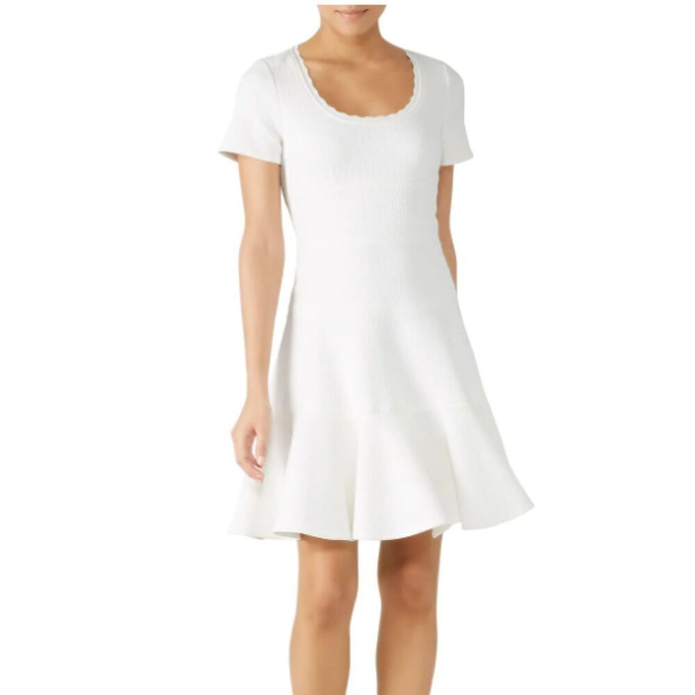 Rebecca Taylor Stretch Texture‎ Scalloped Scoop Neck Dress White Tiered Size 12